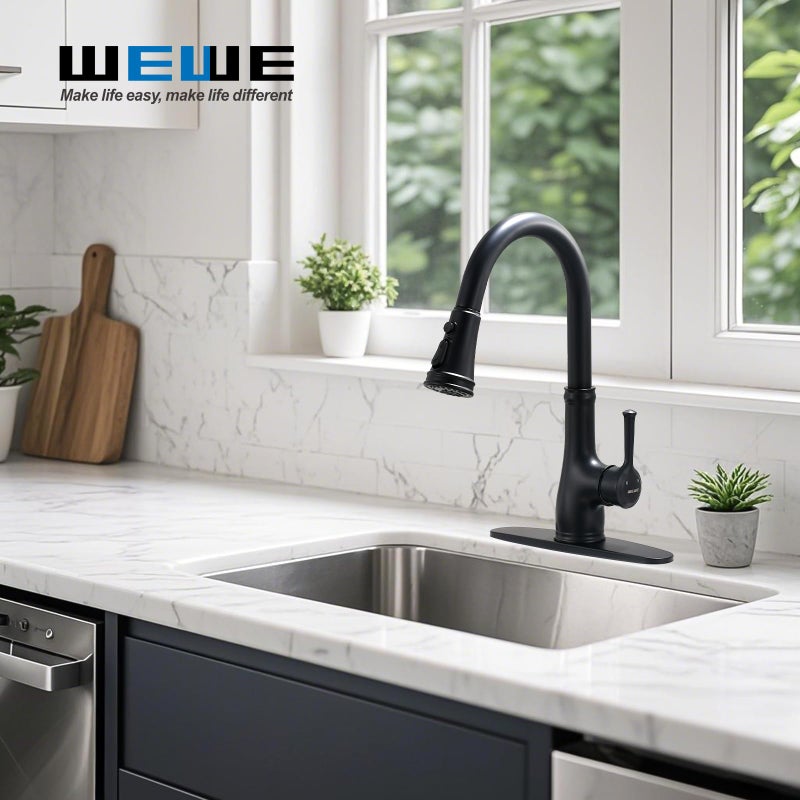 WEWE Vintage Kitchen Faucet with Pull Down Sprayer, Stainless Steel 1 or 3 Hole High Arc Single Handle Antique Sink Faucet for Classic Modern Ktichen, Matte Black Bar & Prep Sinks - Image 2